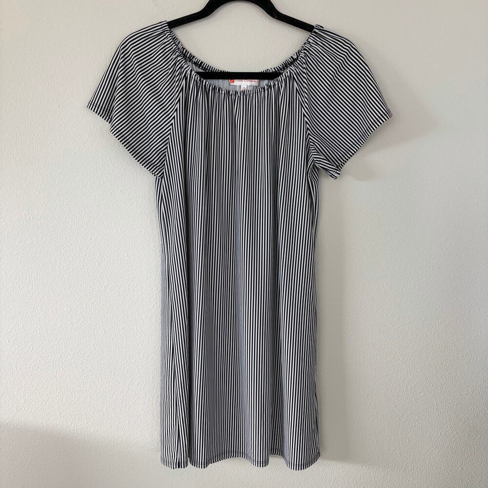 Jude Connally Black White Striped Off the Shoulder Dress (S)